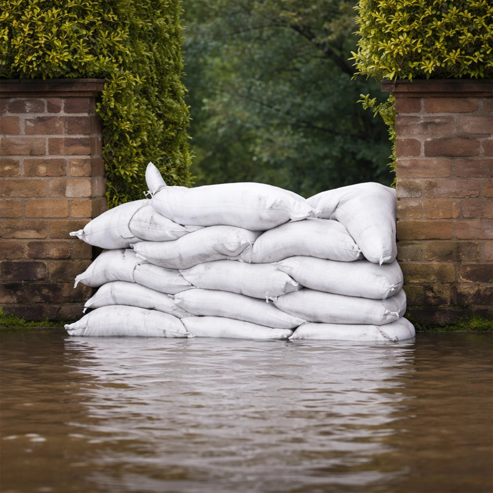 Stack of sandbags against a brick wall with water in the foreground