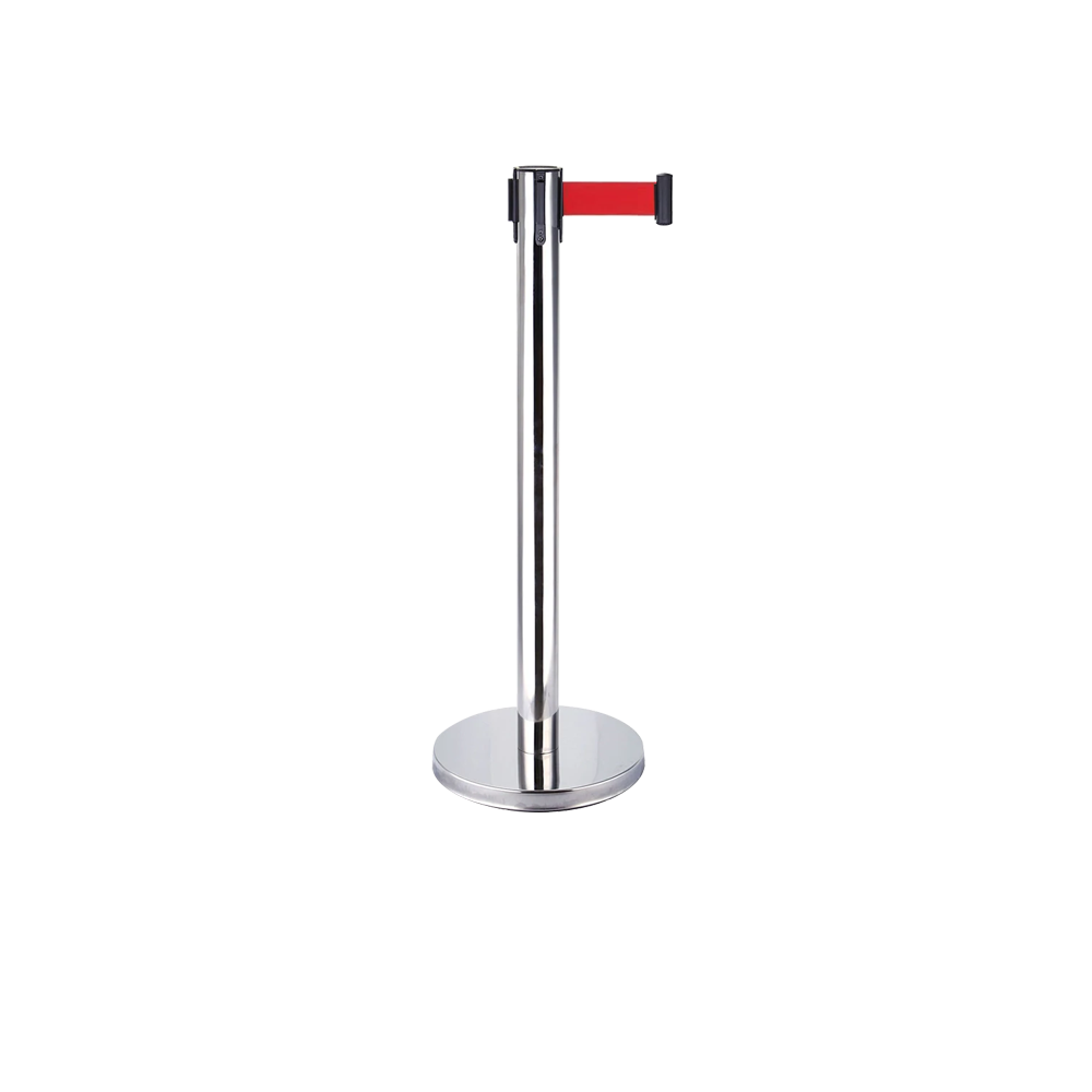 Stainless Steel Queue Barrier with 2 Meter Nylon Retracting Belt - Red