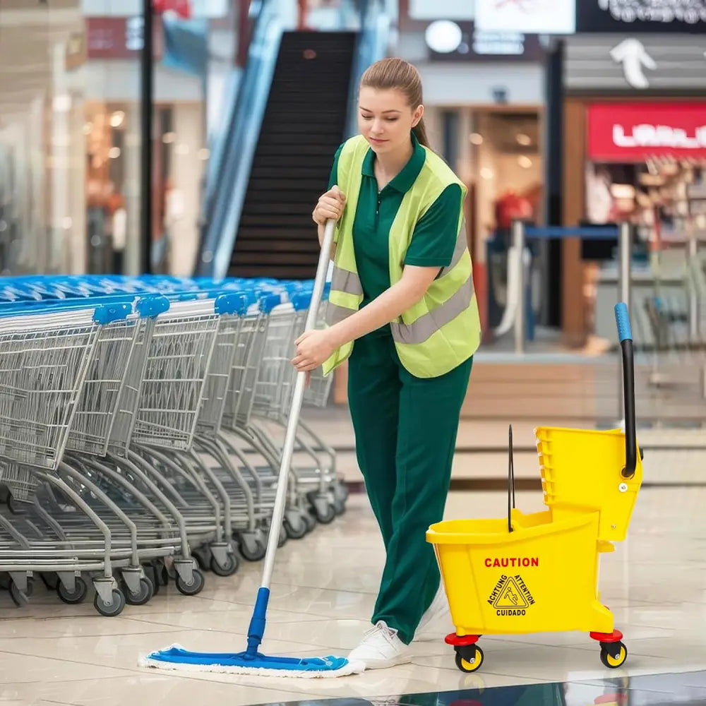 Wringer Mop Bucket Trolley with 4 Wheels Yellow - 32L