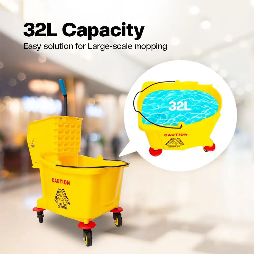 Wringer Mop Bucket Trolley with 4 Wheels Yellow - 32L