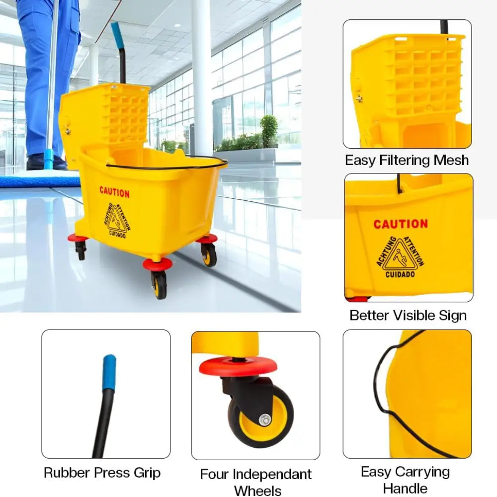 Wringer Mop Bucket Trolley with 4 Wheels Yellow - 32L
