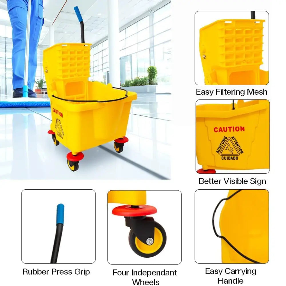 Wringer Mop Bucket Trolley with 4 Wheels Yellow - 36L