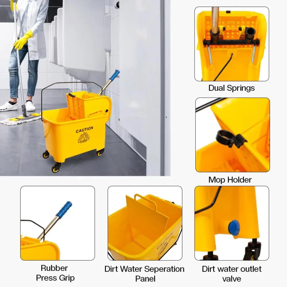 Wringer Mop Bucket Trolley with 4 Wheels Yellow - 20L