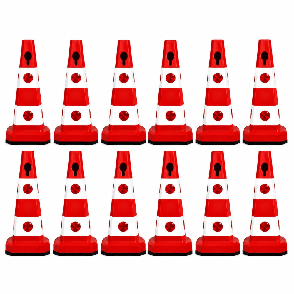 Twelve red and white traffic cones