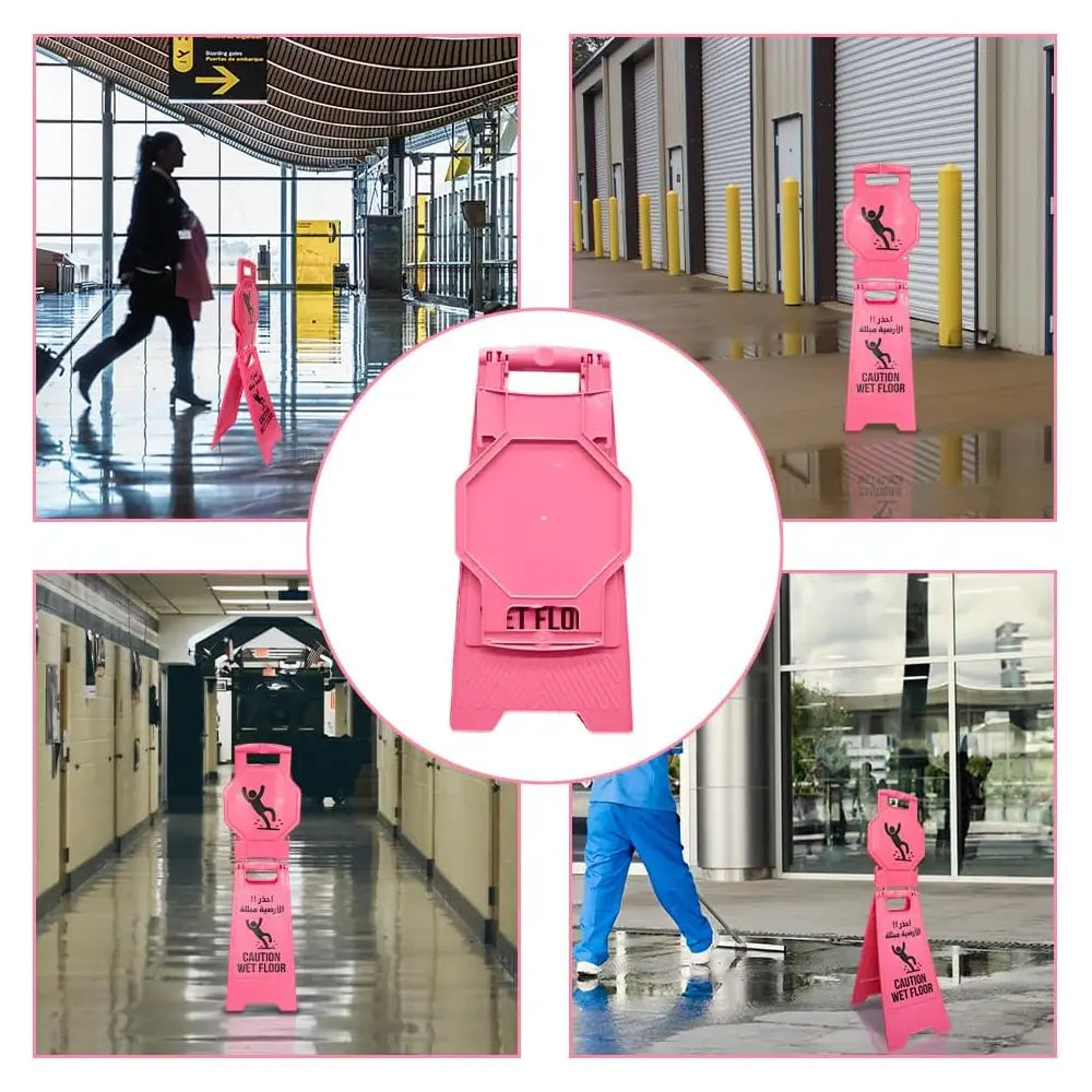 Pink Caution Wet Floor Sign – Arabic & English Foldable Safety Board with Lock Clip