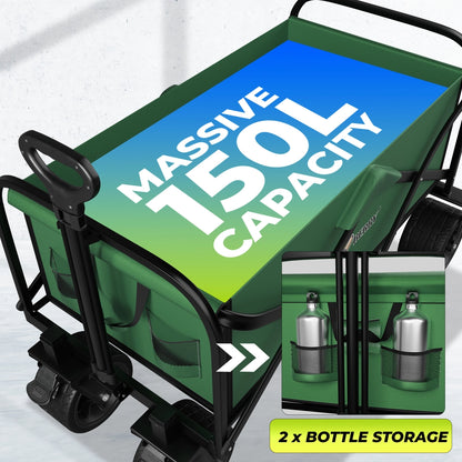 150KG Foldable Trolley Wagon Green | Heavy Duty Camping Cart with Telescopic Handle