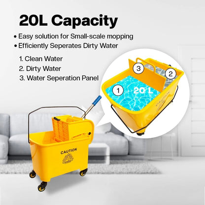 20L Mop Bucket with Wringer | Yellow Mop Trolley with Water Separator