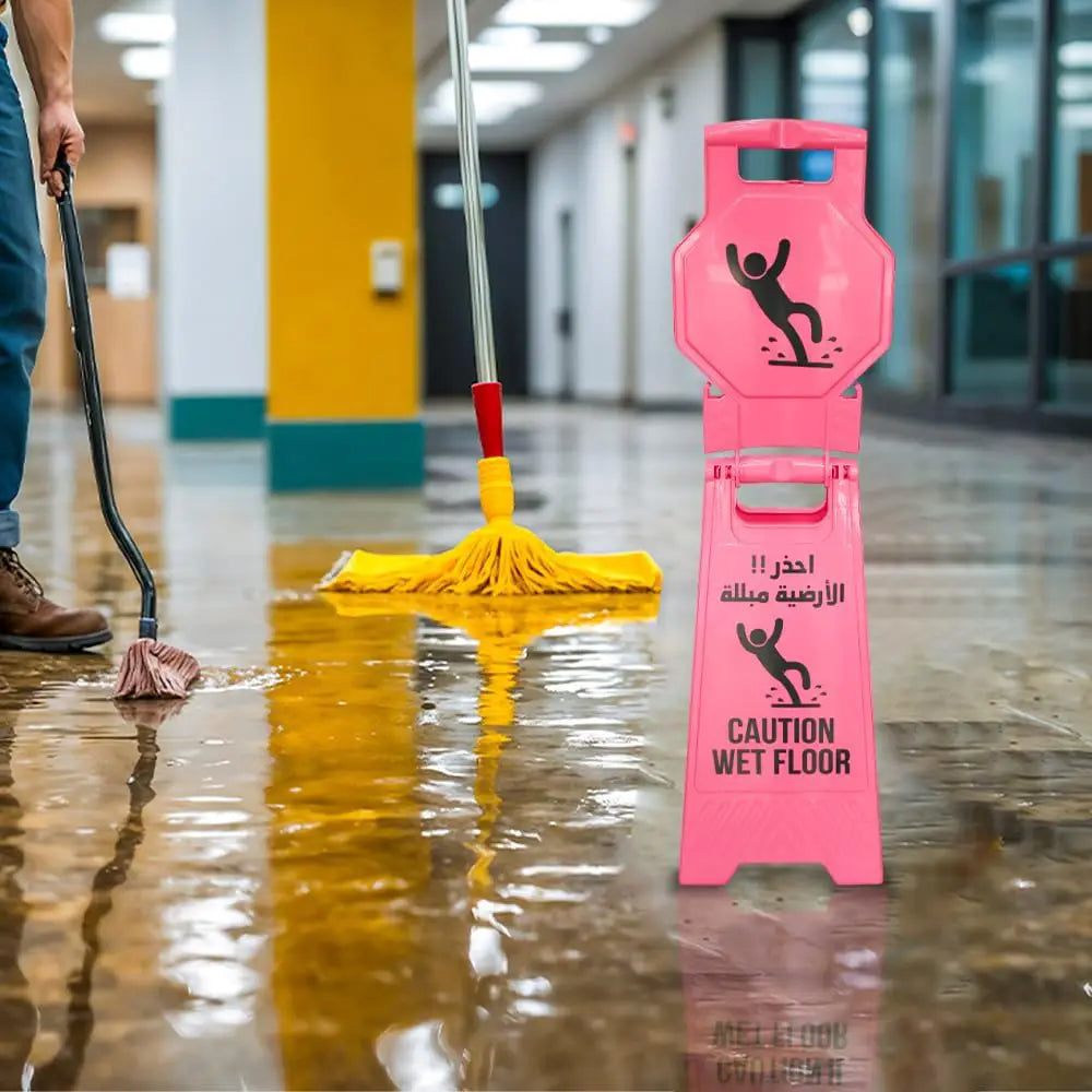 Pink Caution Wet Floor Sign – Arabic & English Foldable Safety Board with Lock Clip