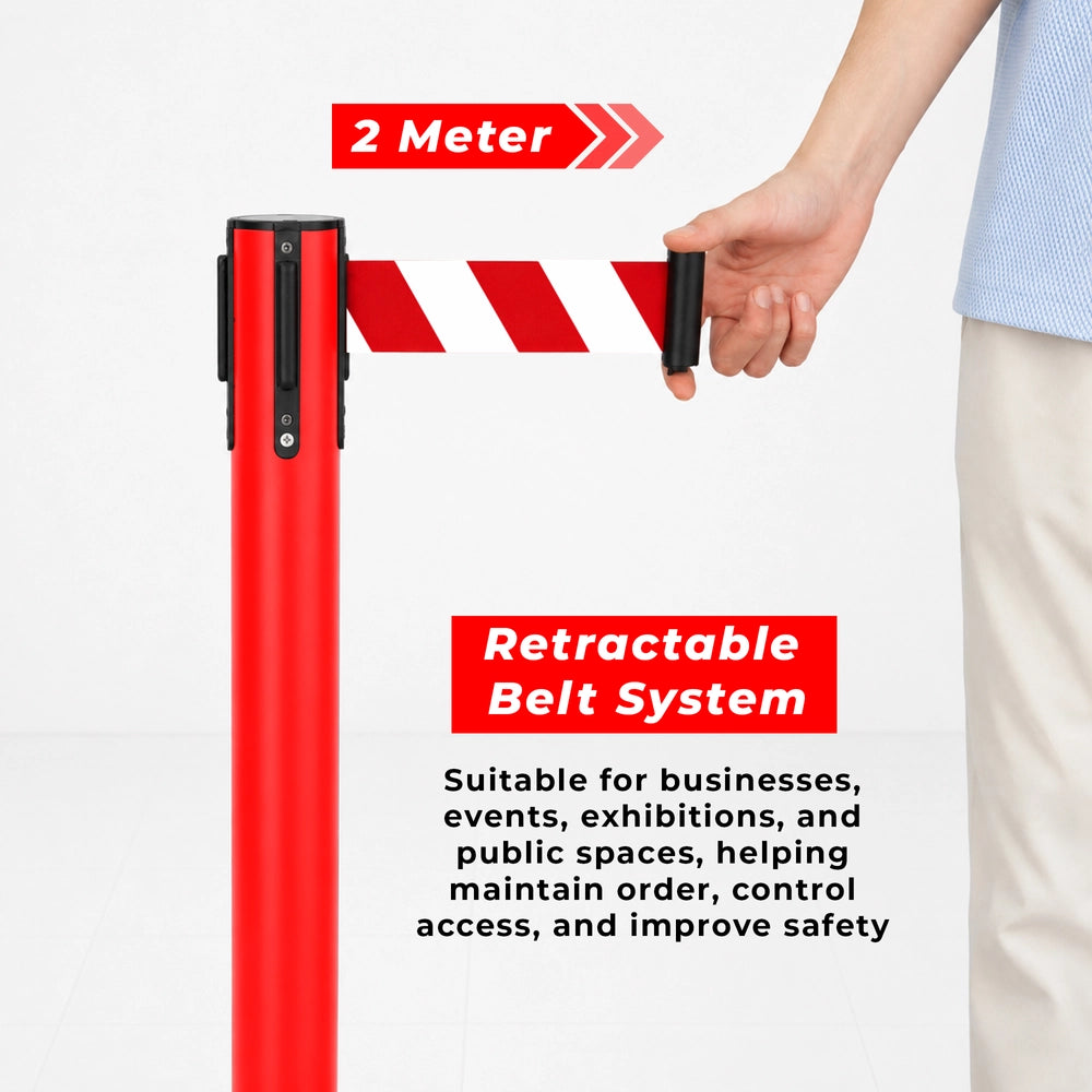 Queue Barrier Post with 2 Meter Belt | Stanchion with Retractable Nylon Belt for Crowd Control