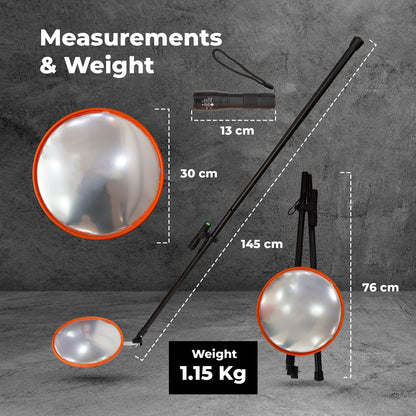Measurement chart of a reflective mirror with dimensions and weight on a gray background