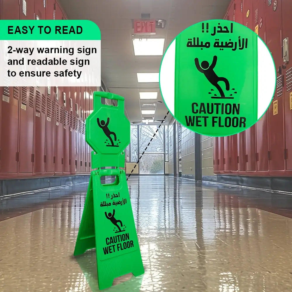Green Caution Wet Floor Sign – Arabic & English Foldable Safety Board with Lock Clip