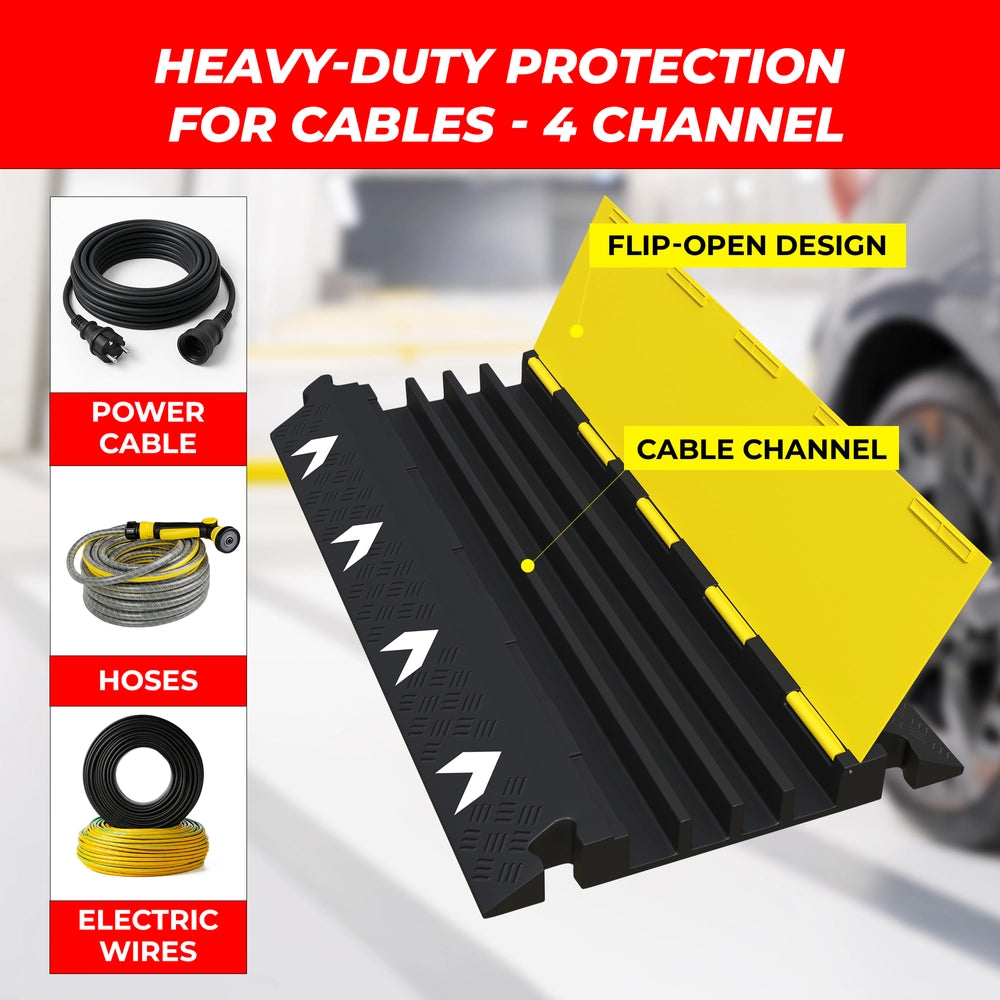 4-Channel EV Cable Protector with Yellow Lid | Heavy-Duty PVC Cable Cover