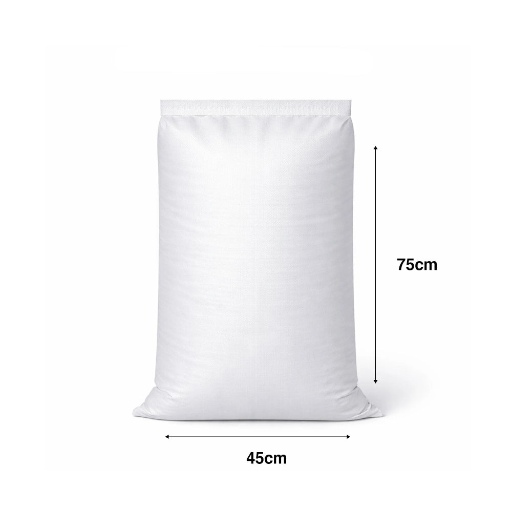 White sand bag with dimensions and product weight on a white background