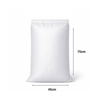 White sand bag with dimensions and product weight on a white background