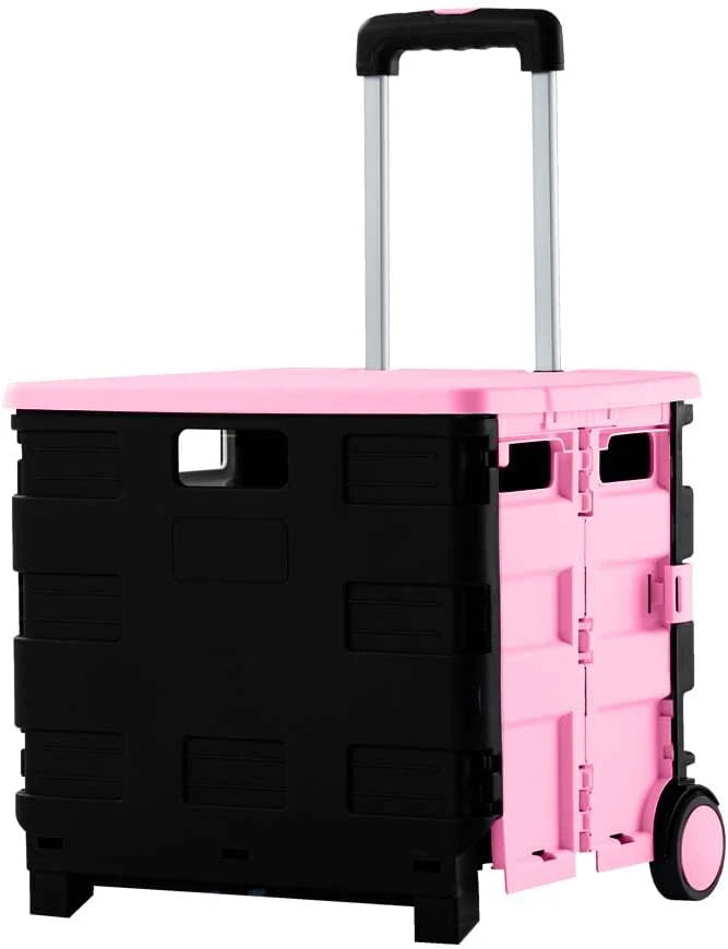 40KG Foldable Shopping Trolley - Pink and Grey│40 KG Plastic Trolley Cart with 2 Wheels