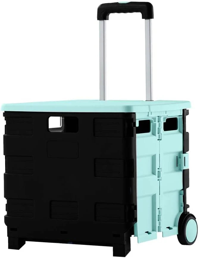 40-KG Foldable Shopping Trolley - Mint Green and Grey│40KG Plastic Trolley Cart with 2 Wheels