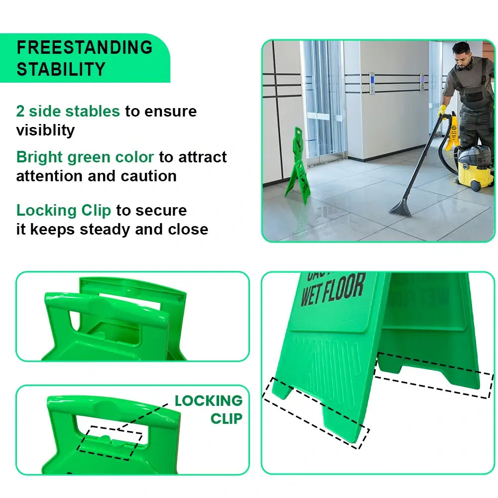 Green Caution Wet Floor Sign – Arabic & English Foldable Safety Board with Lock Clip