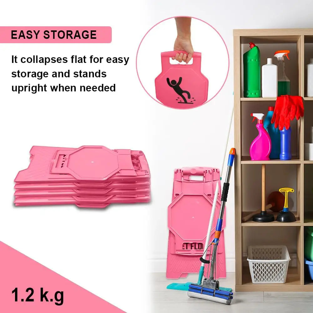 Pink Caution Wet Floor Sign – Arabic & English Foldable Safety Board with Lock Clip