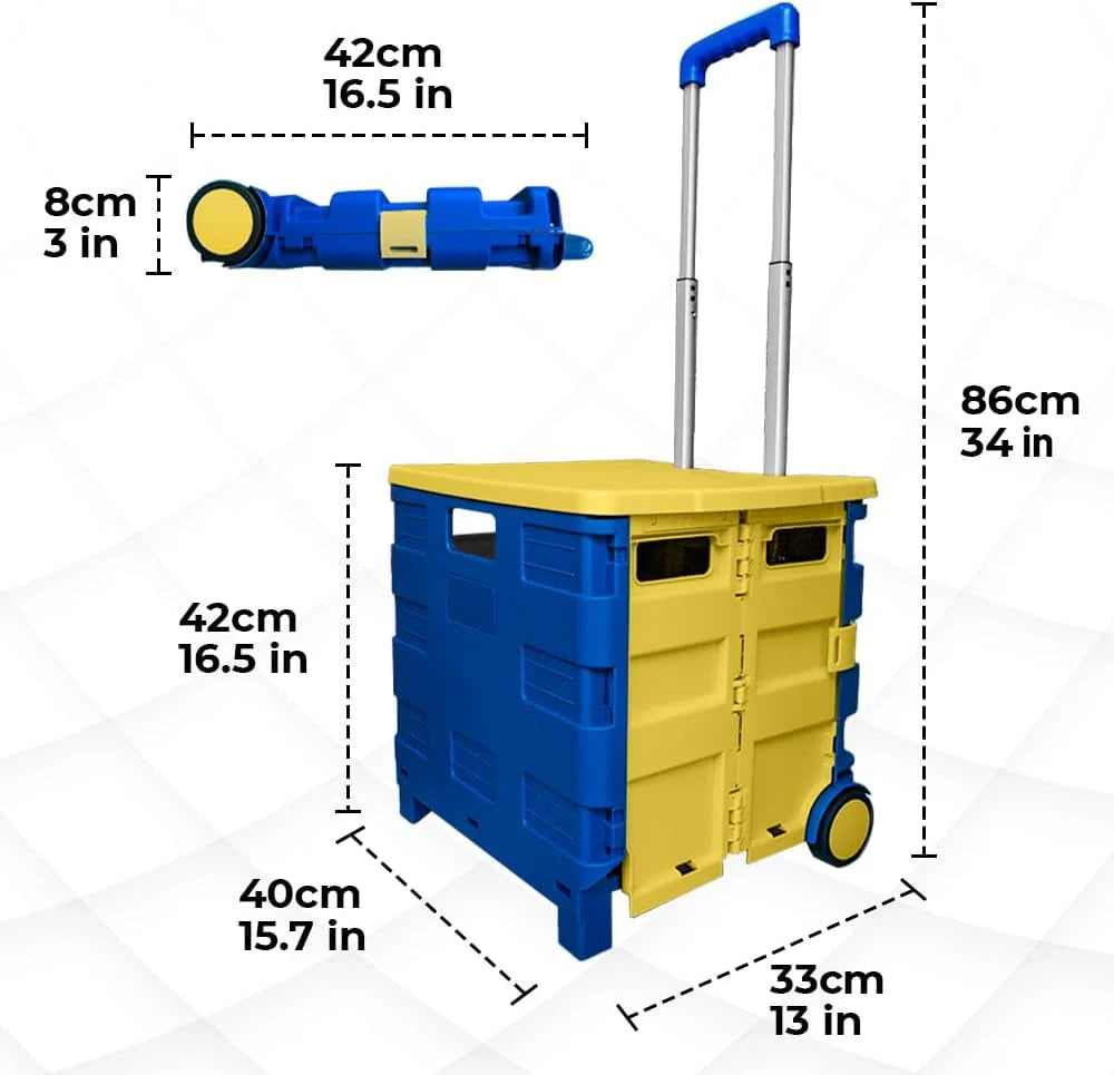 40-KG Foldable Shopping Trolley - Blue and Yellow │40 KG Plastic Trolley Cart with 2 Wheels