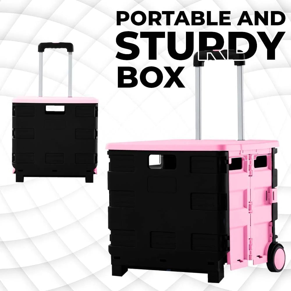 40KG Foldable Shopping Trolley - Pink and Grey│40 KG Plastic Trolley Cart with 2 Wheels