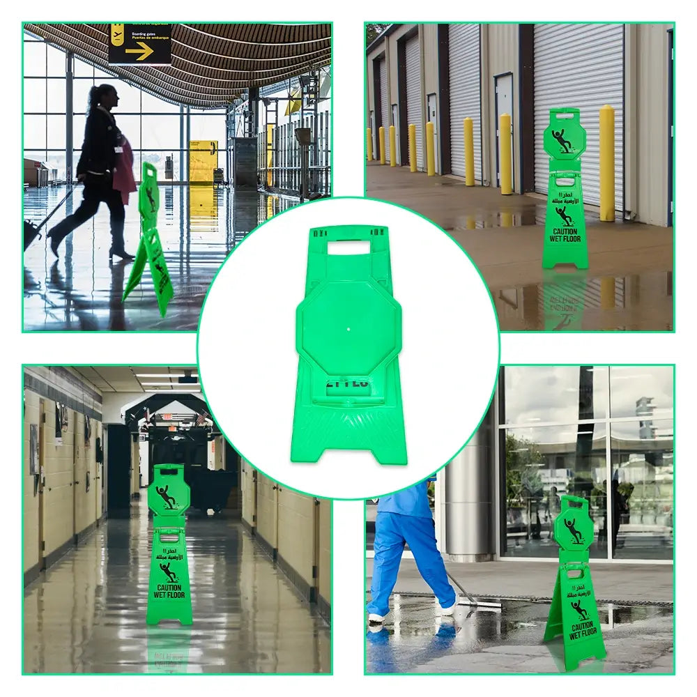 Green Caution Wet Floor Sign – Arabic & English Foldable Safety Board with Lock Clip