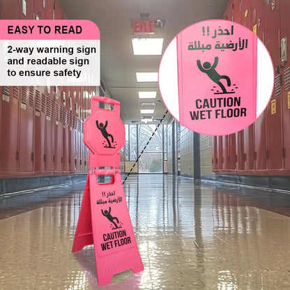 Pink Caution Wet Floor Sign – Arabic & English Foldable Safety Board with Lock Clip