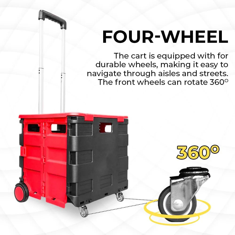 40KG Foldable Utility Cart - Red and Black │40KG Multipurpose Shopping Trolley with 4 Wheels