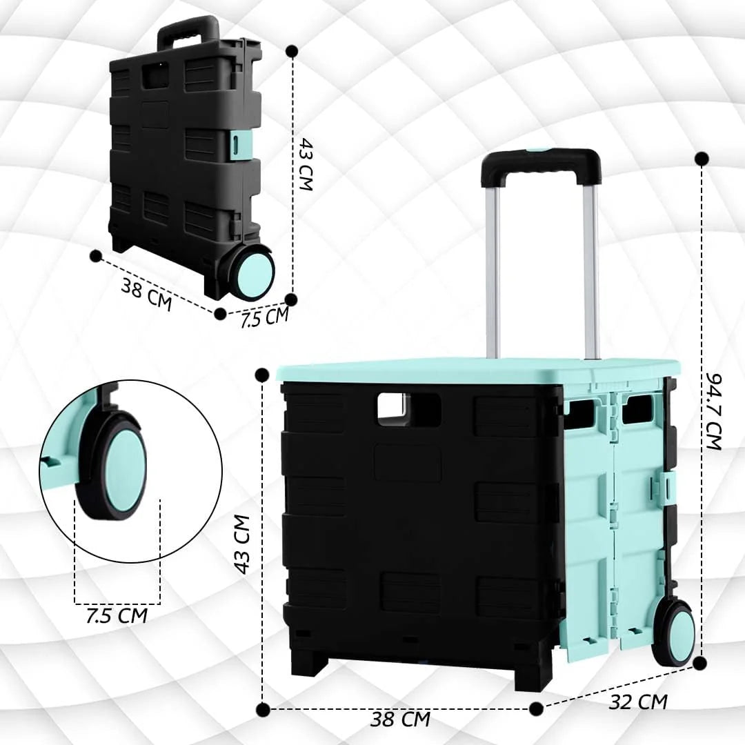 40-KG Foldable Shopping Trolley - Mint Green and Grey│40KG Plastic Trolley Cart with 2 Wheels