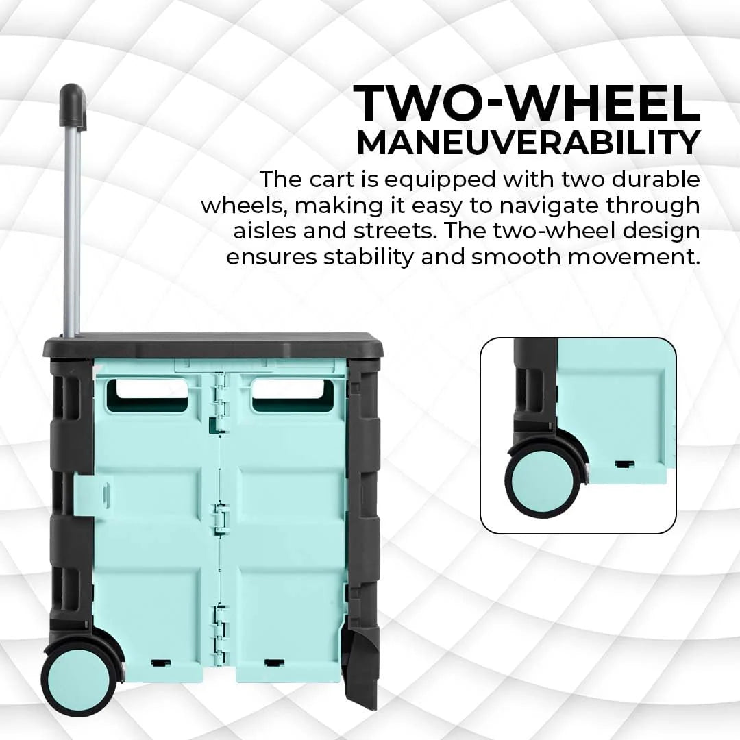 40-KG Foldable Shopping Trolley - Mint Green and Grey│40KG Plastic Trolley Cart with 2 Wheels