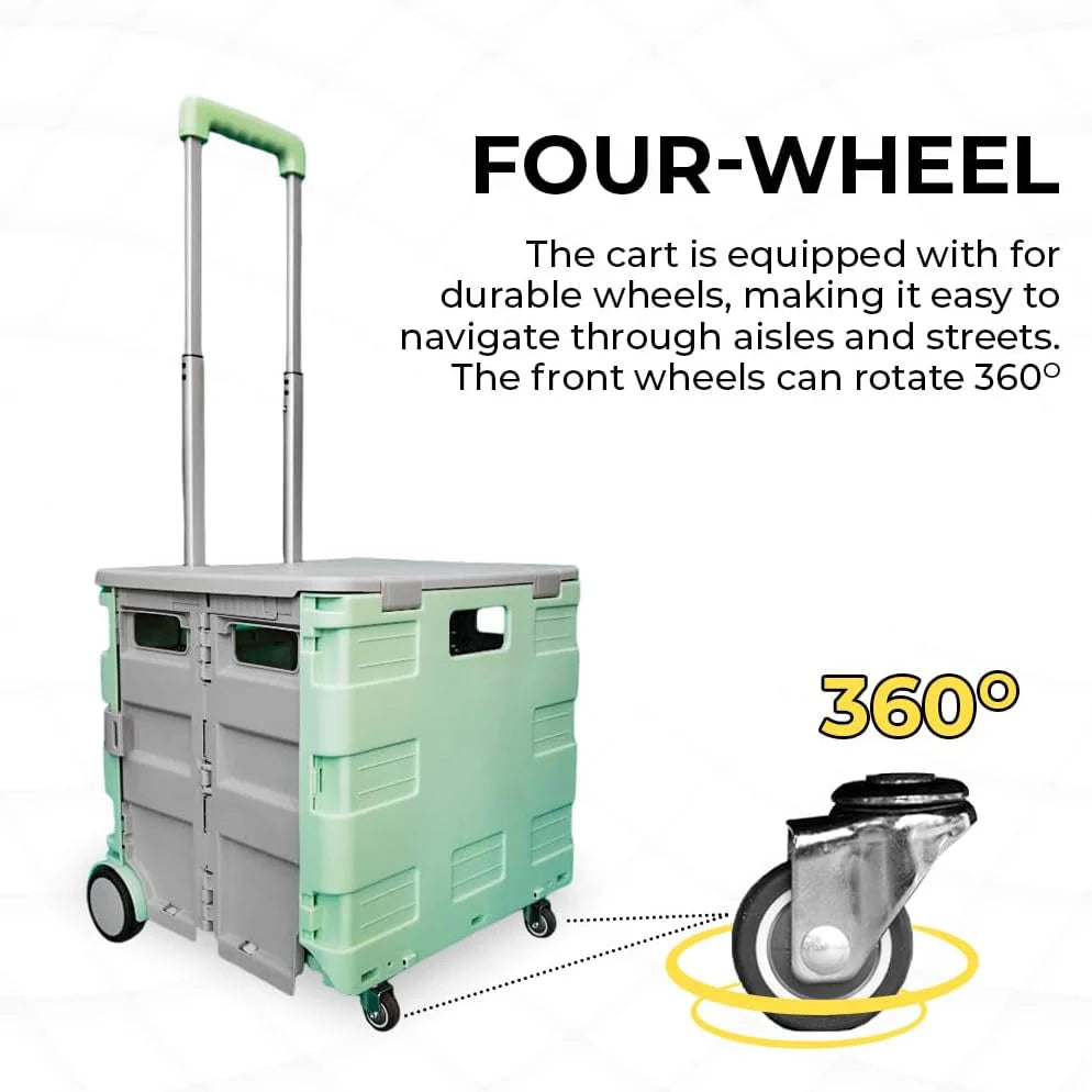 40KG Foldable Utility Cart - Mint Green and Grey │40KG Multipurpose Shopping Trolley with 4 Wheels