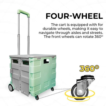 40KG Foldable Utility Cart - Mint Green and Grey │40KG Multipurpose Shopping Trolley with 4 Wheels