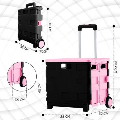 40KG Foldable Shopping Trolley - Pink and Grey│40 KG Plastic Trolley Cart with 2 Wheels