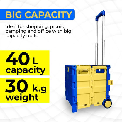 40-KG Foldable Shopping Trolley - Blue and Yellow │40 KG Plastic Trolley Cart with 2 Wheels