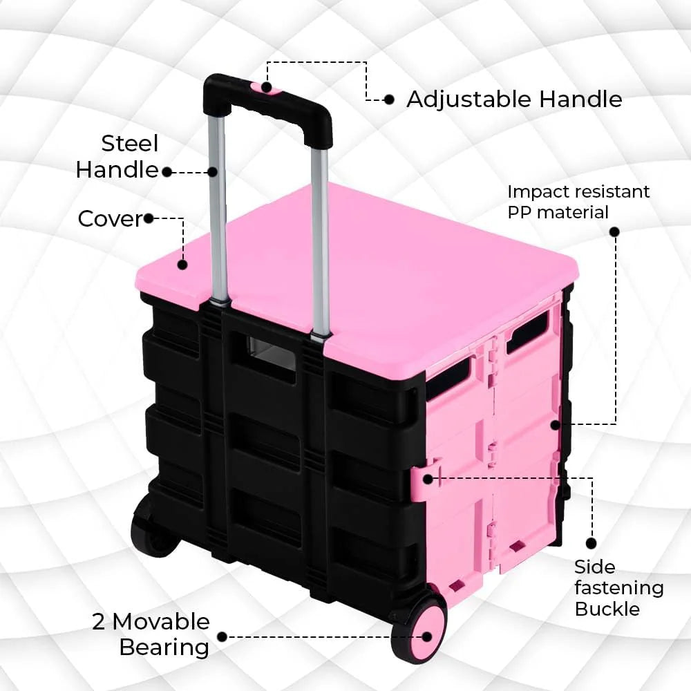 40KG Foldable Shopping Trolley - Pink and Grey│40 KG Plastic Trolley Cart with 2 Wheels