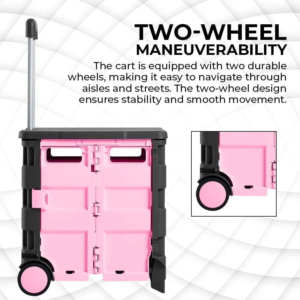 40KG Foldable Shopping Trolley - Pink and Grey│40 KG Plastic Trolley Cart with 2 Wheels