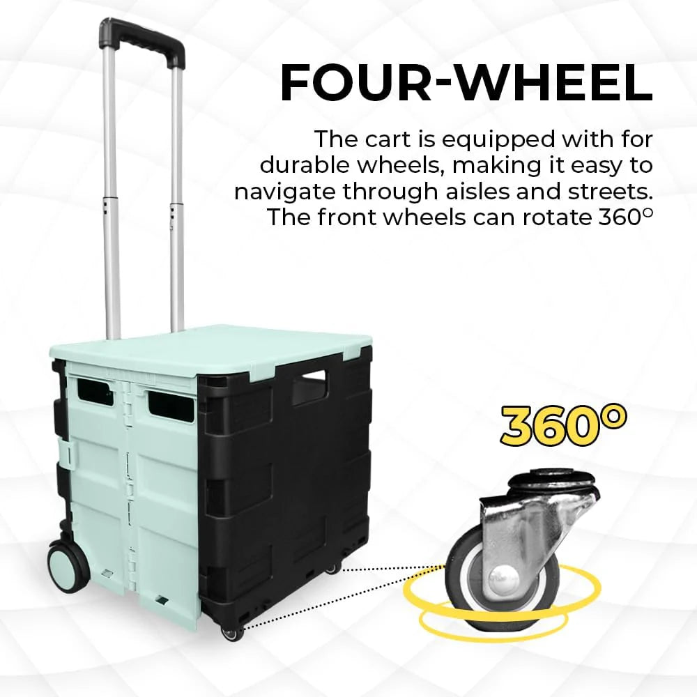 40KG Foldable Utility Cart - Mint Green and Black│40KG Multipurpose Shopping Trolley with 4 Wheels