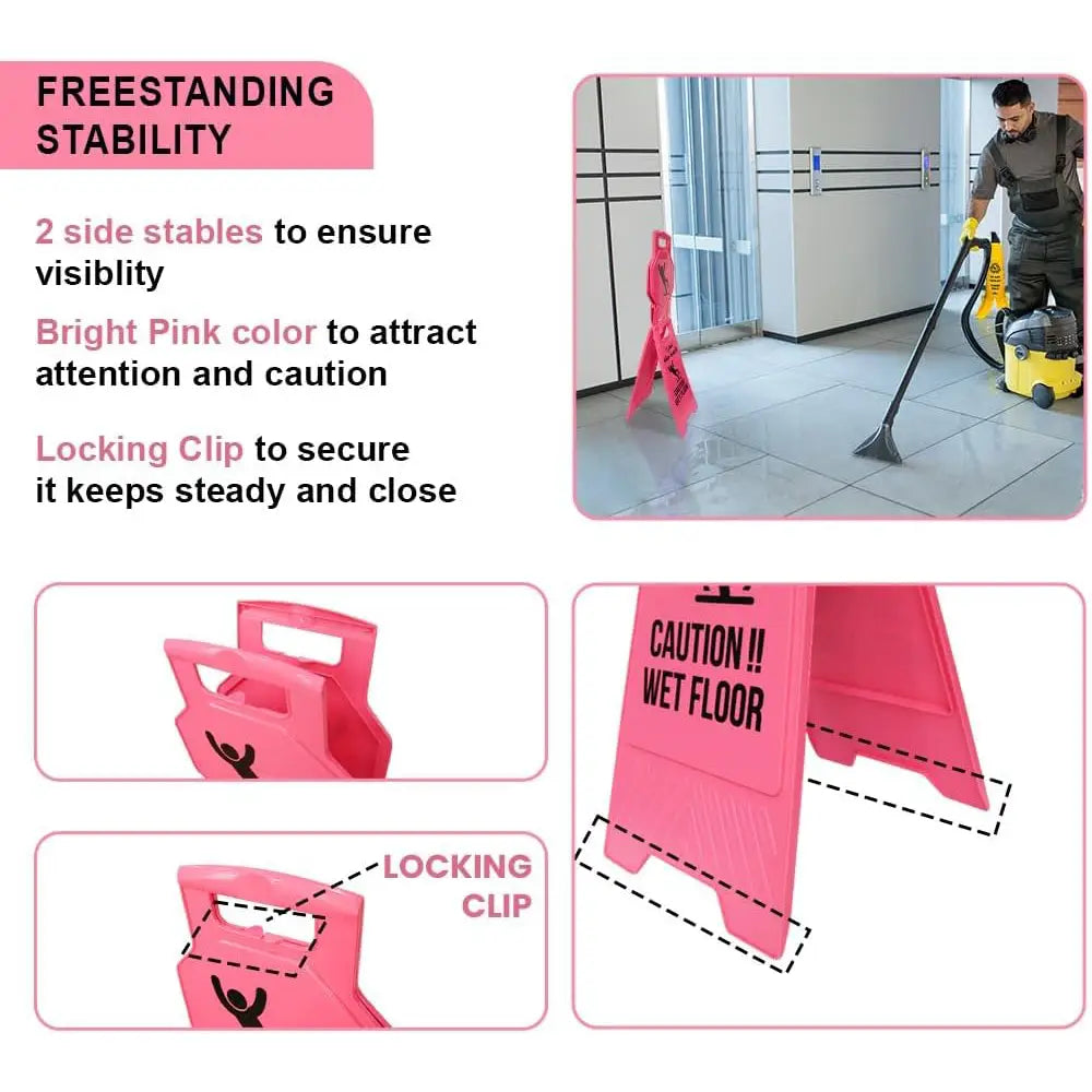 Pink Caution Wet Floor Sign – Arabic & English Foldable Safety Board with Lock Clip