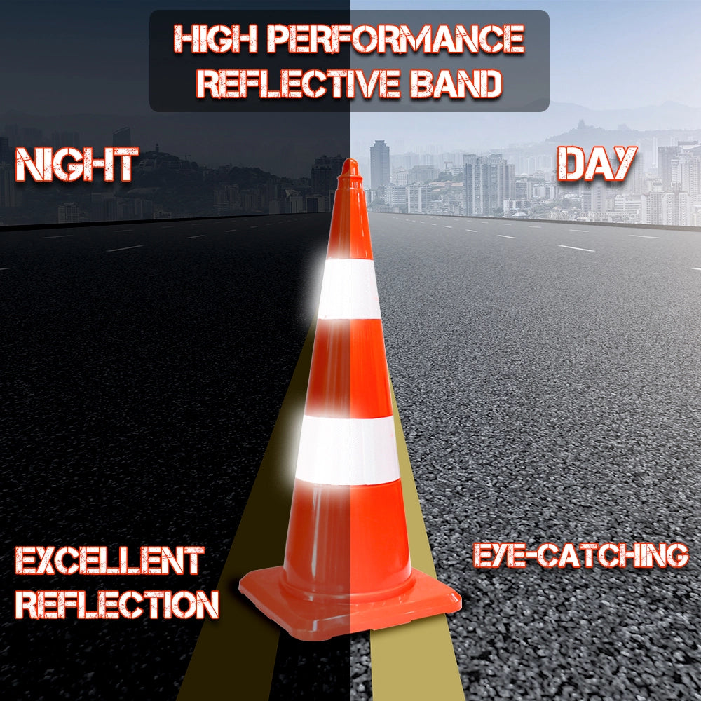 An orange reflective traffic cone centered on a split road background labeled NIGHT and DAY