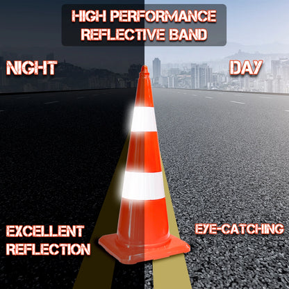 An orange reflective traffic cone centered on a split road background labeled NIGHT and DAY