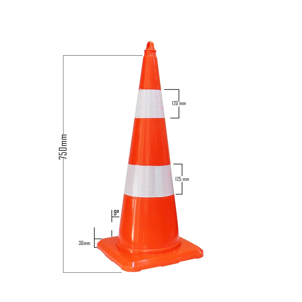 An orange traffic cone with reflective white stripes