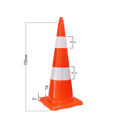 An orange traffic cone with reflective white stripes