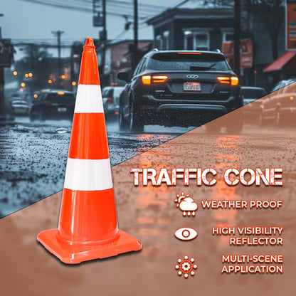 An orange and white reflective traffic cone 