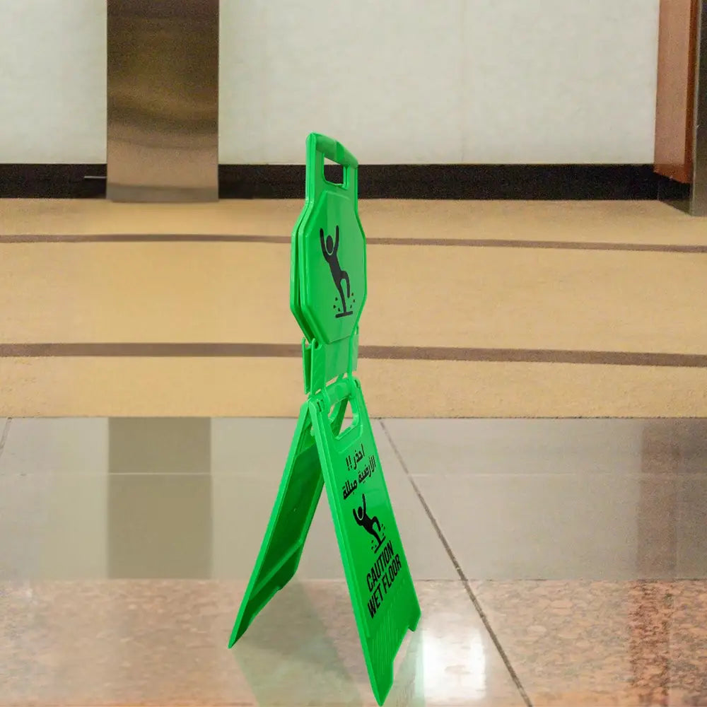 Green Caution Wet Floor Sign – Arabic & English Foldable Safety Board with Lock Clip