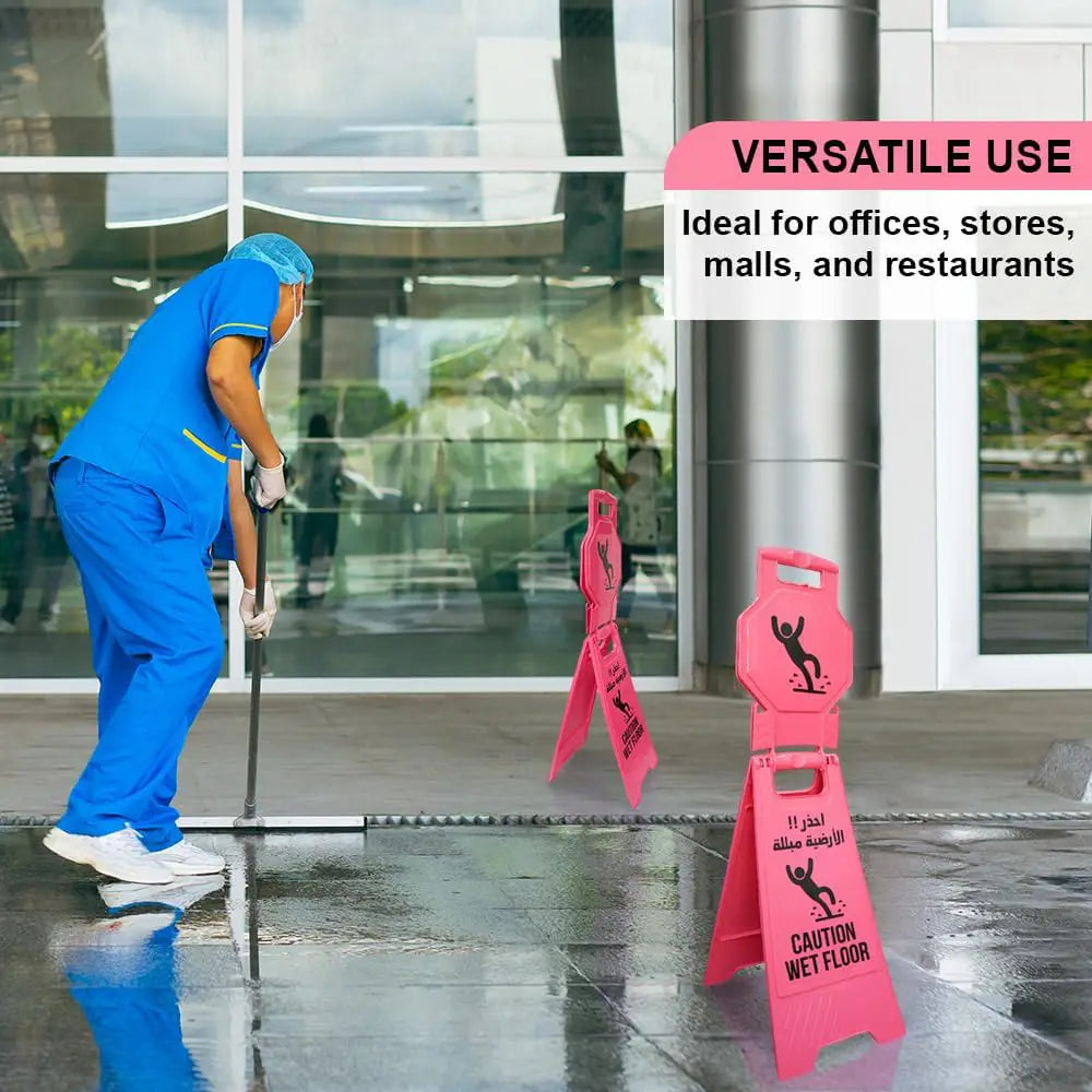 Pink Caution Wet Floor Sign – Arabic & English Foldable Safety Board with Lock Clip