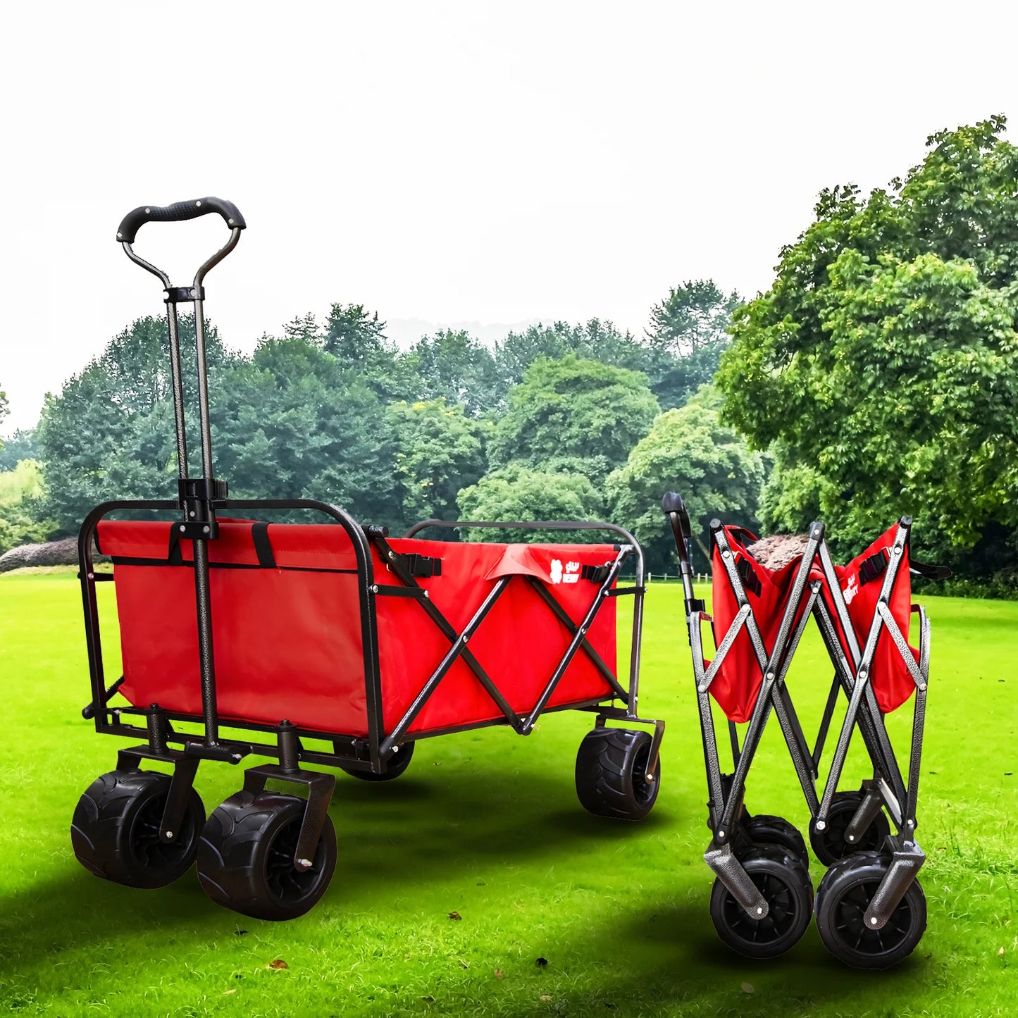80KG Outdoor Garden Trolley with Heavy Duty Wheels - Red | Push Cart with Telescopic Handles