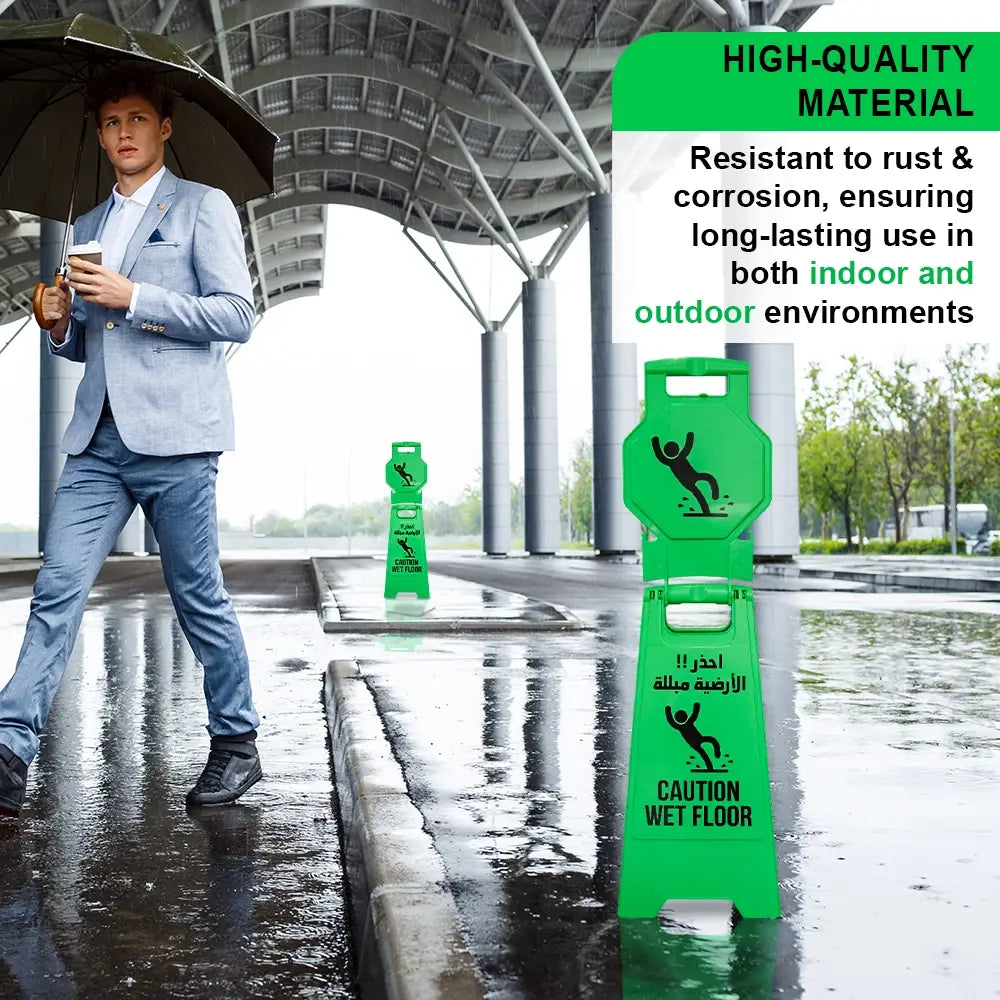 Green Caution Wet Floor Sign – Arabic & English Foldable Safety Board with Lock Clip