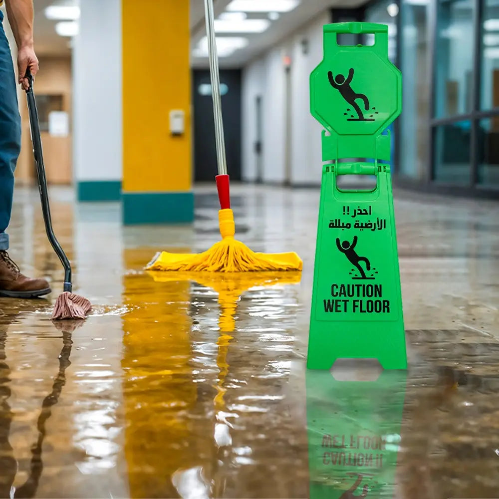 Green Caution Wet Floor Sign – Arabic & English Foldable Safety Board with Lock Clip
