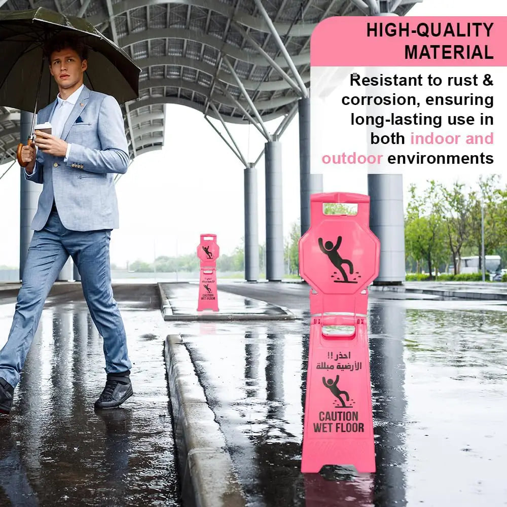 Pink Caution Wet Floor Sign – Arabic & English Foldable Safety Board with Lock Clip