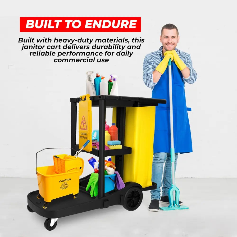 Cleaning Trolley Commercial Janitor Utility Cart Black