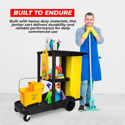 Cleaning Trolley Commercial Janitor Utility Cart Black